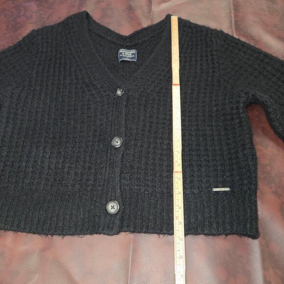 Abercrombie & Fitch Black Knit Cardigan Womens L‎ Textured Cropped Ballon Sleeve - Picture 7 of 11